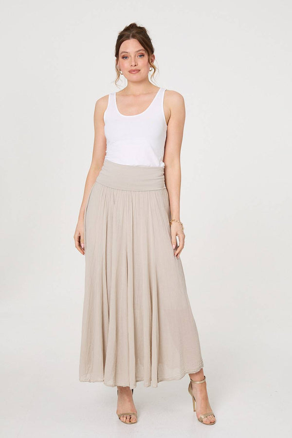 Beige | Stretchy High Waist A-Line Maxi Skirt
