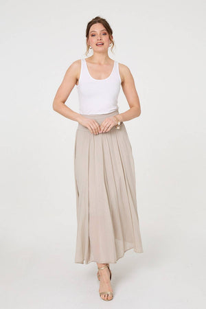 Beige | Stretchy High Waist A-Line Maxi Skirt
