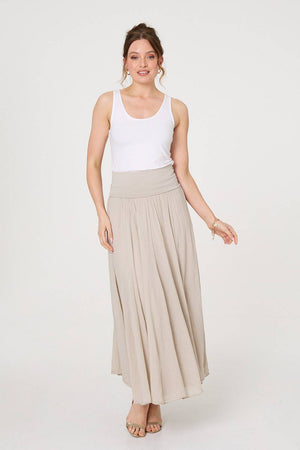 Beige | Stretchy High Waist A-Line Maxi Skirt : Model is 5'9