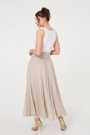 Beige | Stretchy High Waist A-Line Maxi Skirt
