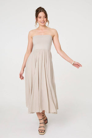 Beige | Stretchy High Waist A-Line Maxi Skirt : Model is 5'9