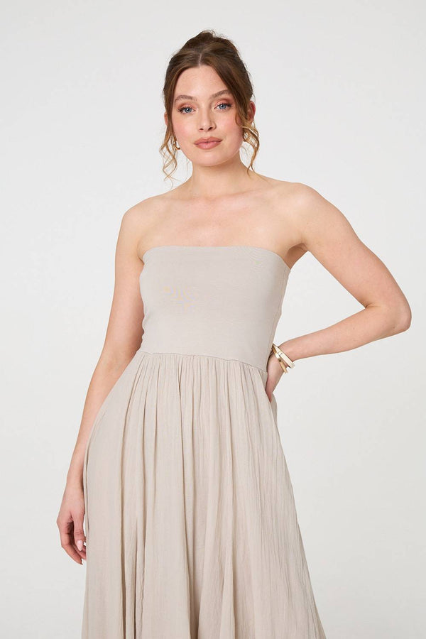Beige | Stretchy High Waist A-Line Maxi Skirt