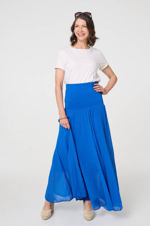 Blue | Stretchy High Waist A-Line Maxi Skirt : Model is 5'8