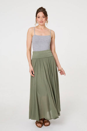 Khaki | Stretchy High Waist A-Line Maxi Skirt : Model is 5'9