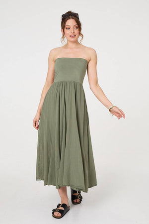 Khaki | Stretchy High Waist A-Line Maxi Skirt : Model is 5'9
