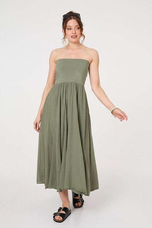 Khaki | Stretchy High Waist A-Line Maxi Skirt : Model is 5'9"/175 cm and wears UK8/EU36/US4/AUS8