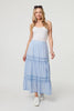 Blue | Embroidered High Waist Tiered Maxi Skirt
