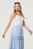 Blue | Embroidered High Waist Tiered Maxi Skirt
