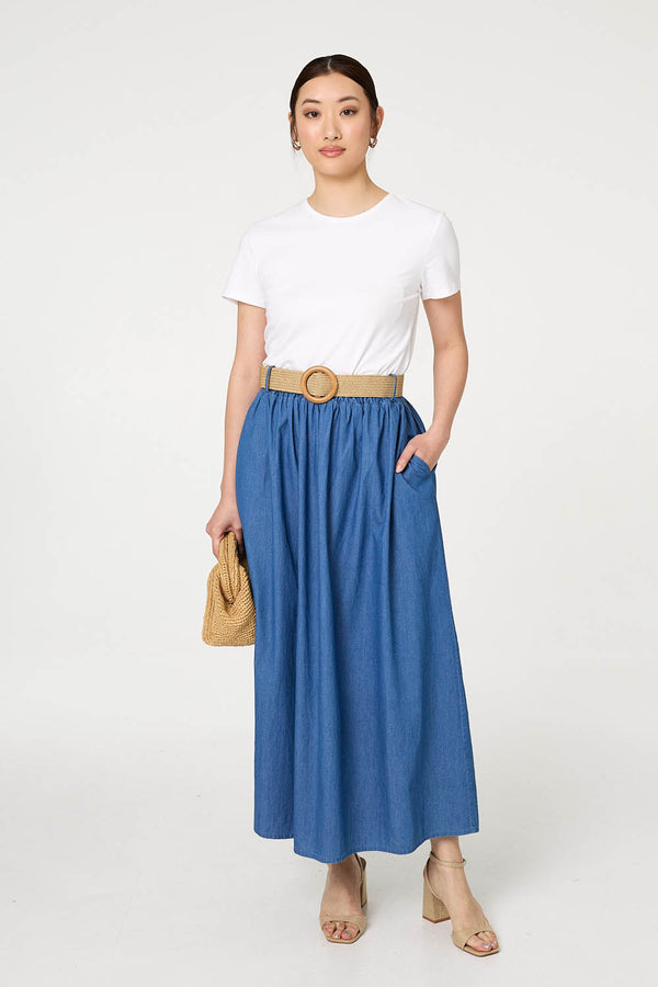 Blue | High Waist Belt Detail Denim Maxi Skirt : Model is 5'9"/175 cm and wears UK8/EU36/US4/AUS8