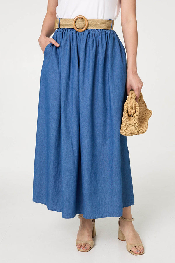 Blue | High Waist Belt Detail Denim Maxi Skirt