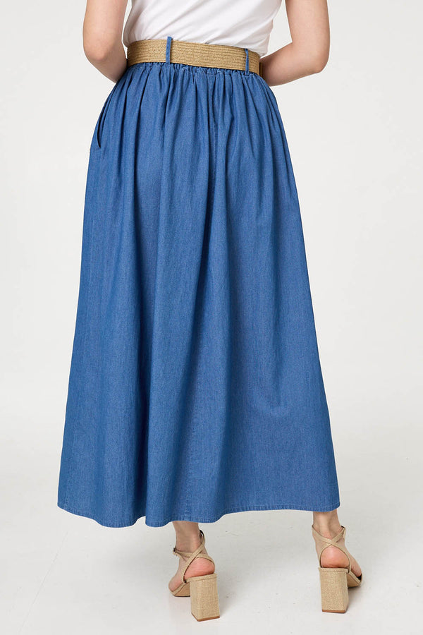 Blue | High Waist Belt Detail Denim Maxi Skirt