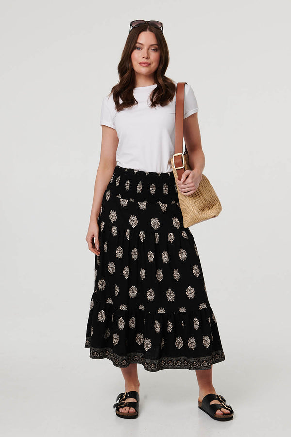 Black | Printed Shirred High Waist Midi Skirt