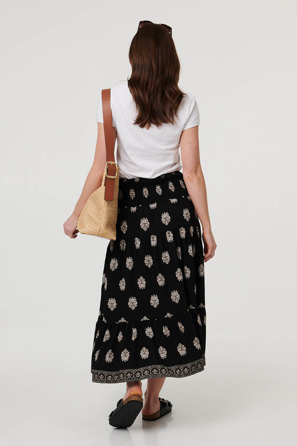 Black | Printed Shirred High Waist Midi Skirt