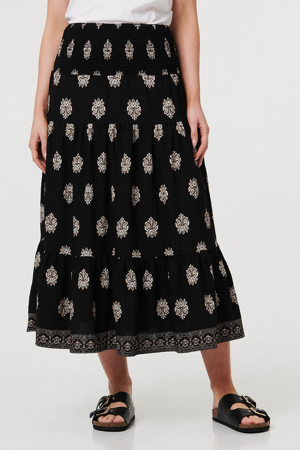 Black | Printed Shirred High Waist Midi Skirt