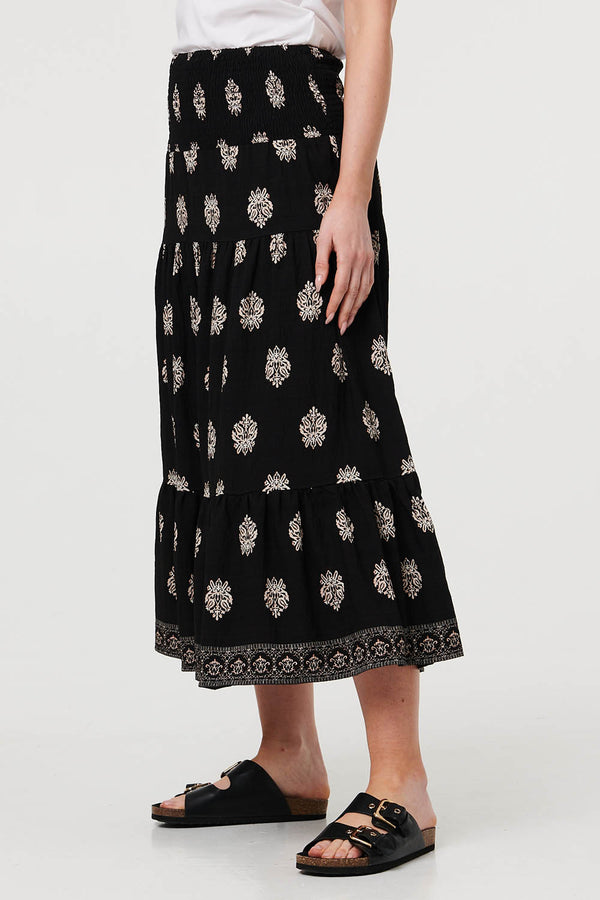 Black | Printed Shirred High Waist Midi Skirt