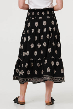 Black | Printed Shirred High Waist Midi Skirt