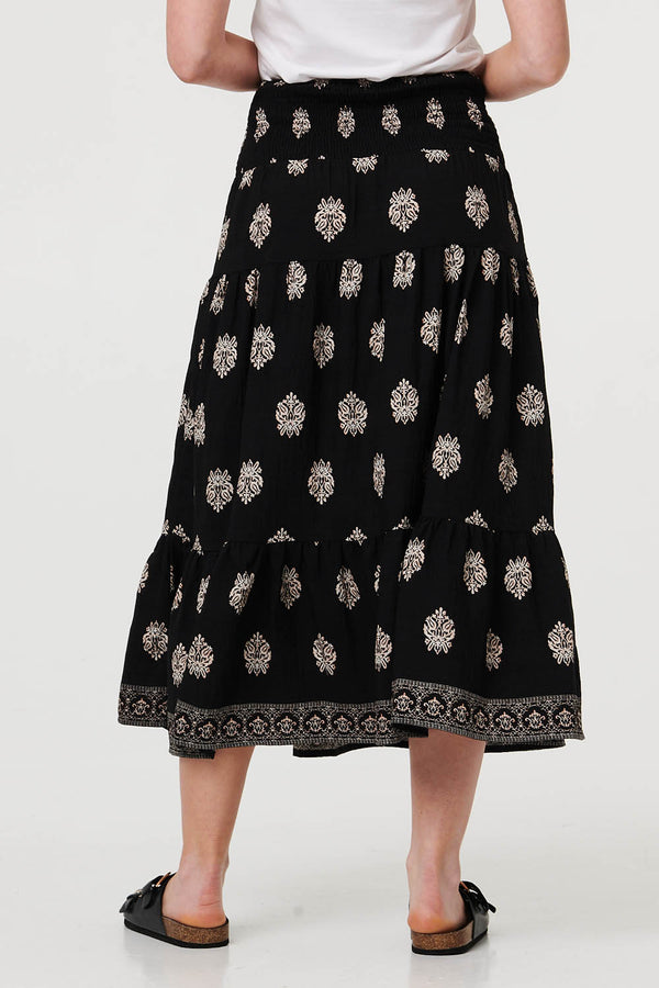 Black | Printed Shirred High Waist Midi Skirt