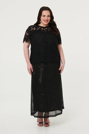 Black | Curve Sequin Layered Midi Skirt