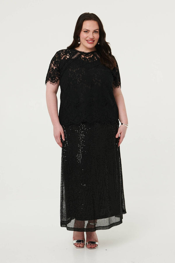 Black | Curve Sequin Layered Midi Skirt