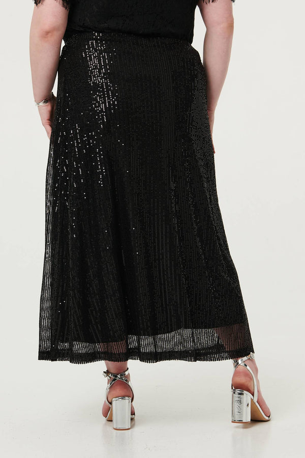 Black | Curve Sequin Layered Midi Skirt