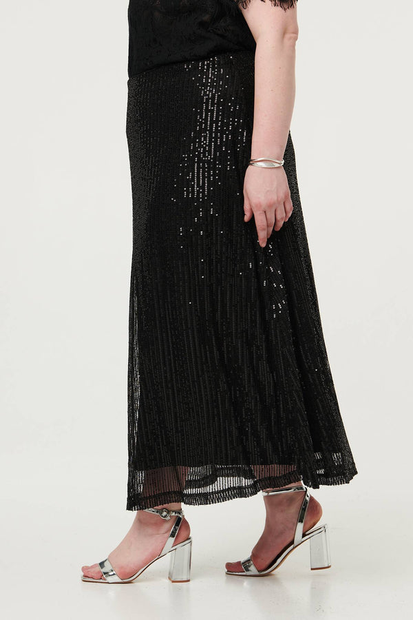 Black | Curve Sequin Layered Midi Skirt