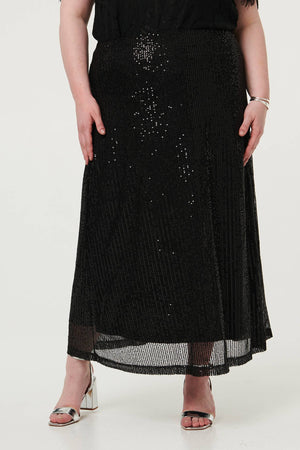 Black | Curve Sequin Layered Midi Skirt