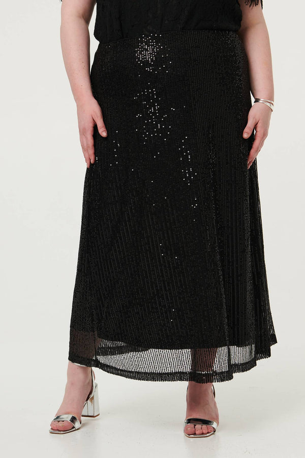 Black | Curve Sequin Layered Midi Skirt