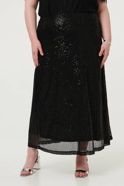 Black | Curve Sequin Layered Midi Skirt