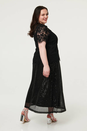 Black | Curve Sequin Layered Midi Skirt