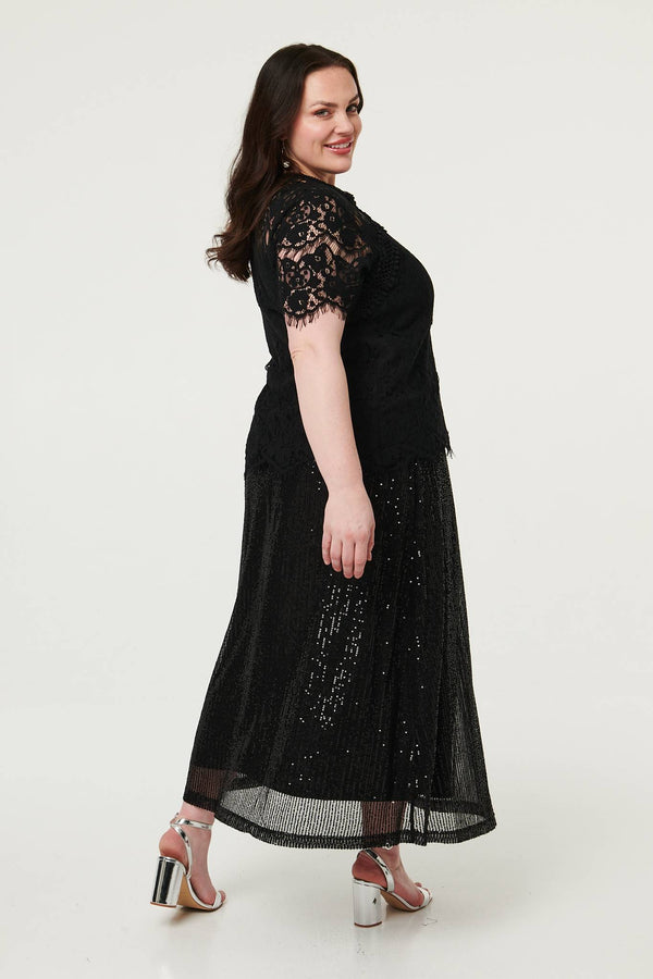 Black | Curve Sequin Layered Midi Skirt