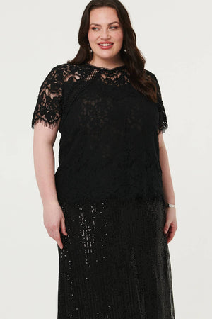 Black | Curve Sequin Layered Midi Skirt