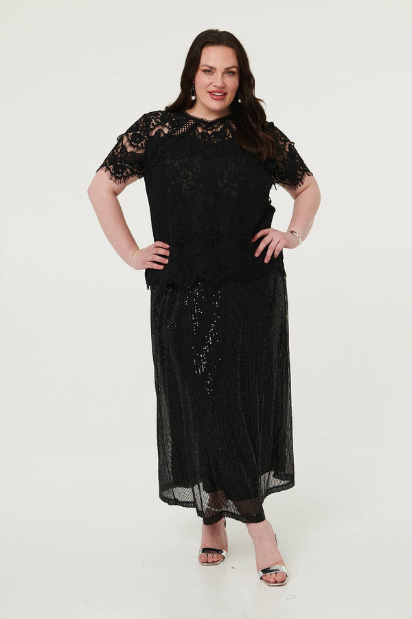 Black | Curve Sequin Layered Midi Skirt