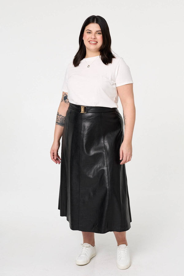 Black | Curve Faux Leather Belted Midi Skirt