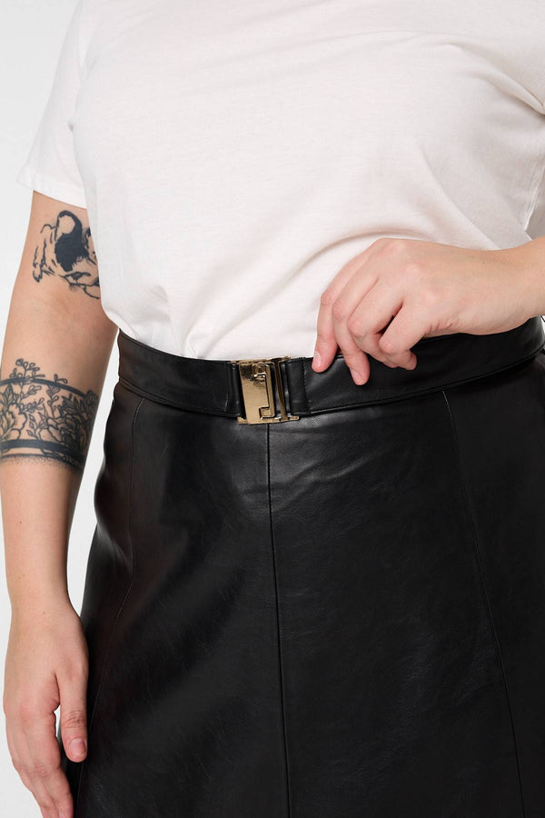Black | Curve Faux Leather Belted Midi Skirt