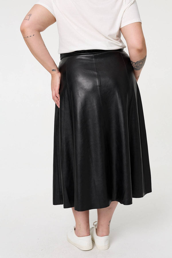 Black | Curve Faux Leather Belted Midi Skirt