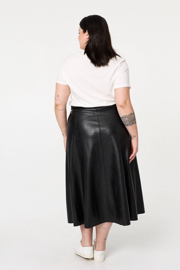 Black | Curve Faux Leather Belted Midi Skirt