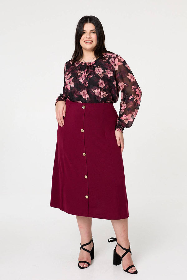 Red | Curve Button High Waist A-Line Midi Skirt