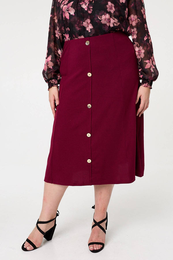 Red | Curve Button High Waist A-Line Midi Skirt