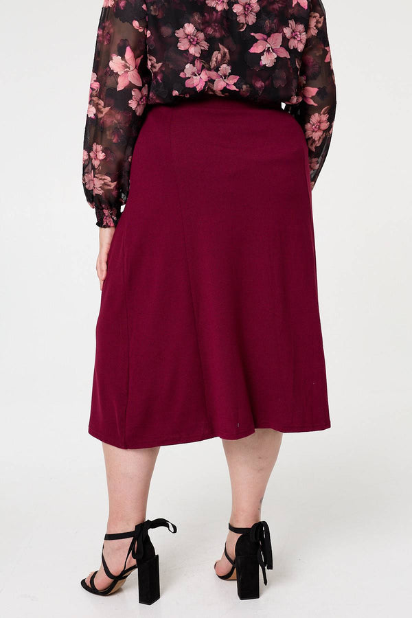 Red | Curve Button High Waist A-Line Midi Skirt