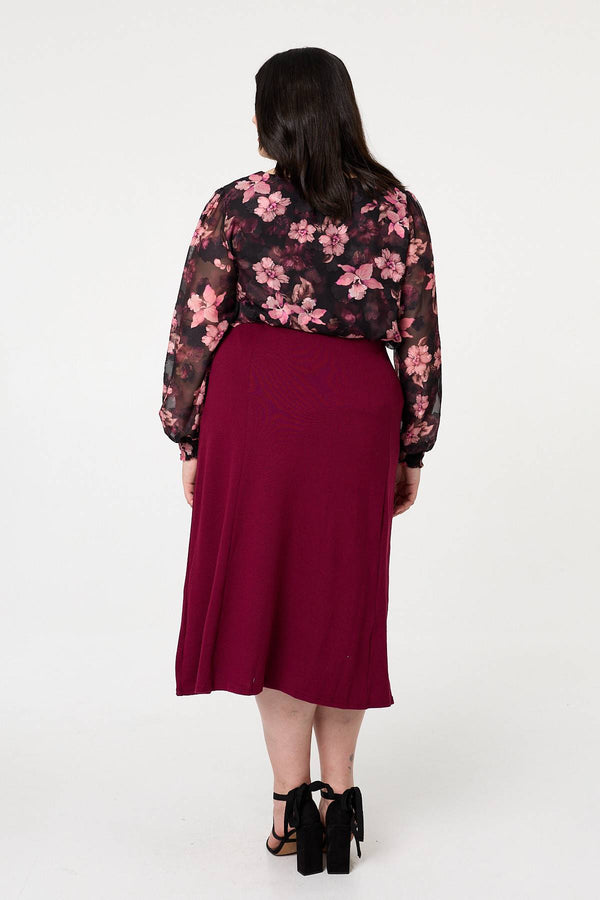 Red | Curve Button High Waist A-Line Midi Skirt