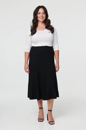 Black | Curve High Waist Pleated Knit Midi Skirt
