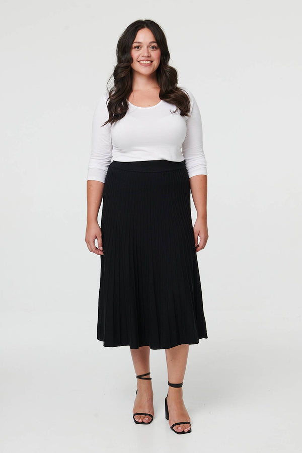 Black | Curve High Waist Pleated Knit Midi Skirt