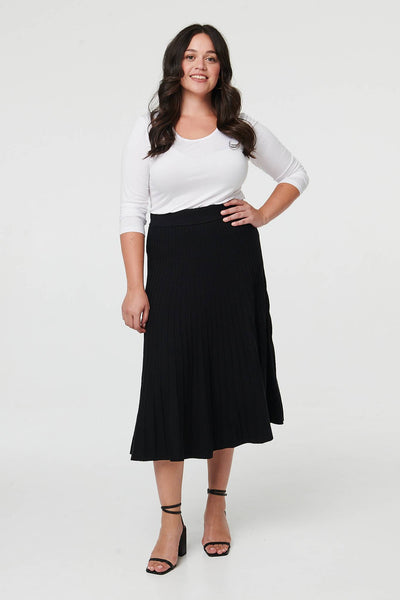 Black | Curve High Waist Pleated Knit Midi Skirt