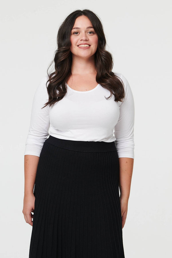 Black | Curve High Waist Pleated Knit Midi Skirt