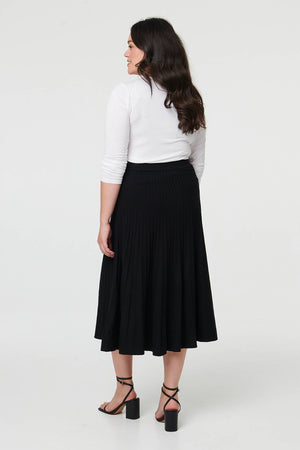 Black | Curve High Waist Pleated Knit Midi Skirt