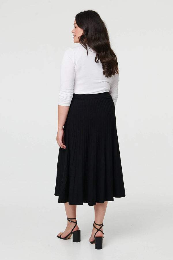 Black | Curve High Waist Pleated Knit Midi Skirt