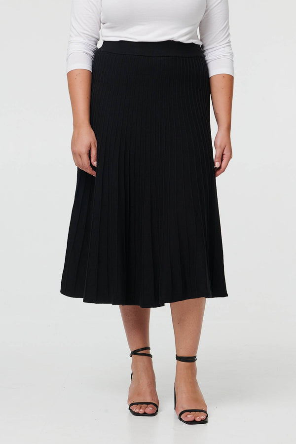 Black | Curve High Waist Pleated Knit Midi Skirt
