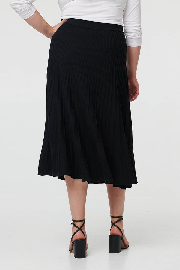 Black | Curve High Waist Pleated Knit Midi Skirt