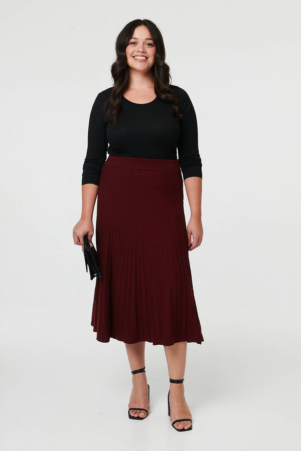 Red | Curve High Waist Pleated Knit Midi Skirt