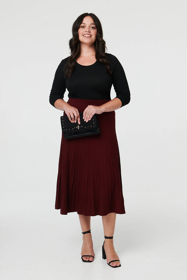 Red | Curve High Waist Pleated Knit Midi Skirt